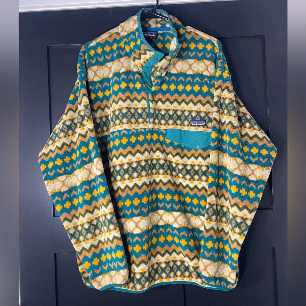 Patagonia Teal Yellow Cream Patterned Snap-T Fleece Pullover